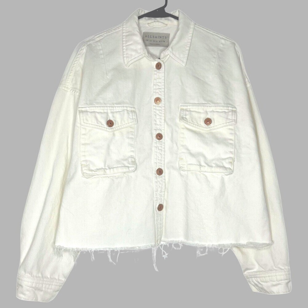 Allsaints Sol Shirt Jacket Womens 6 White Cotton Denim Long Sleeve Trucker Boho